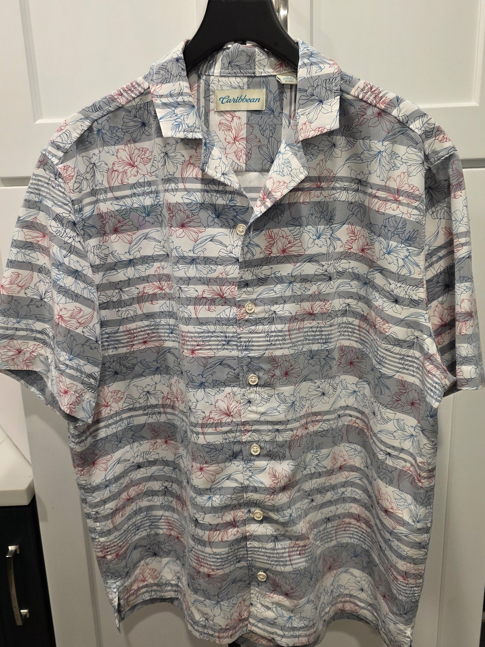Caribbean Men’s Short-Sleeve Floral Stripe Button-Up Shirt — White/Blue/Red